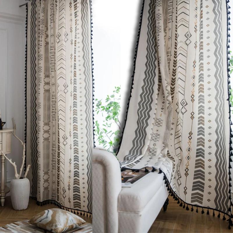 1 Piece Bohemian Cotton Linen Curtains for Living Room Bedroom Windows Curtains Simple Tassel Boho Kitchen Curtain
