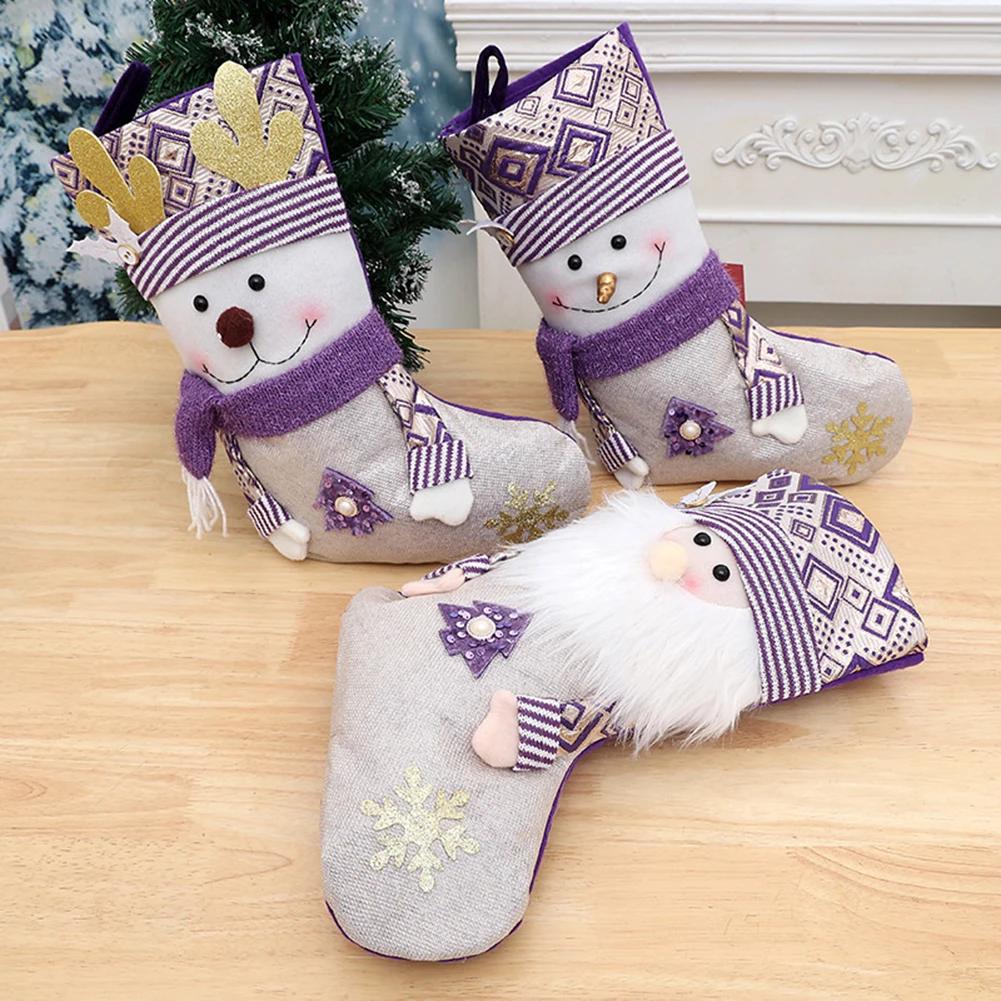 Holiday decorative purple socks Christmas stockings with Santa Claus design large 45cm for storage and home decoration