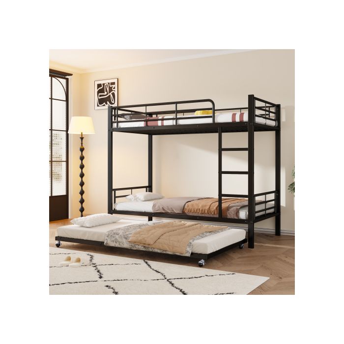 Lit superposé - MUVOE - 90x200cm & 90x190cm - Métal noir - 3 places - Échelle stable