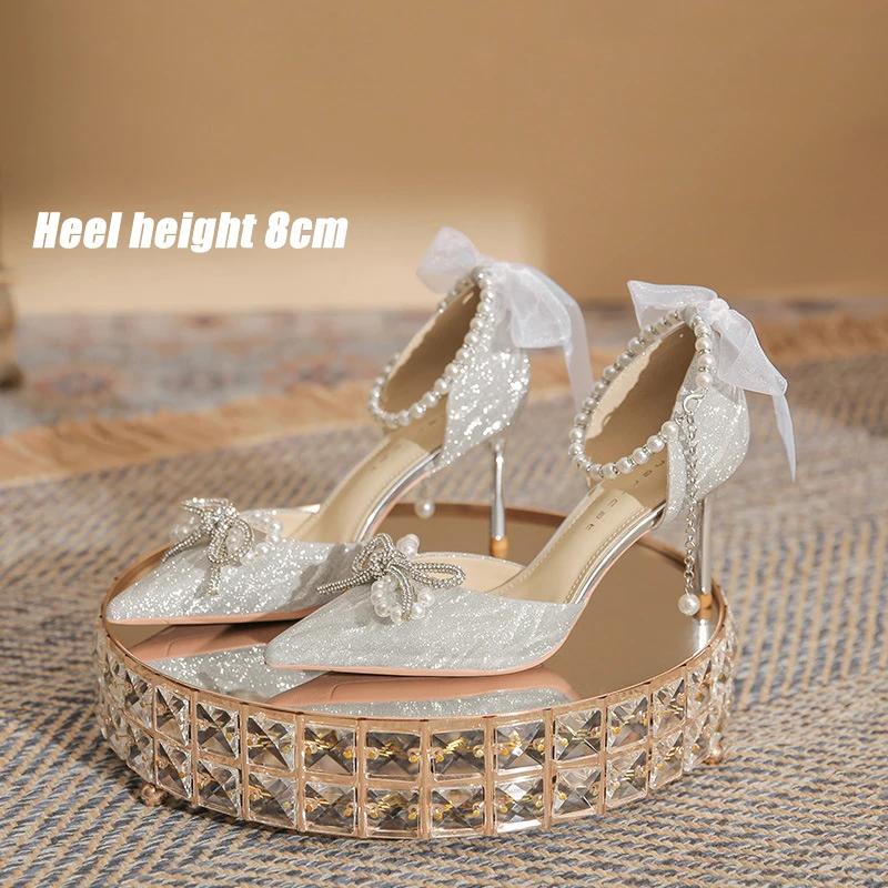 Серебряные туфли на высоком каблуке в стиле феи с бантом, украшенные бисером и кристаллами, осенние новые удобные женские туфли на французском тонком каблуке
