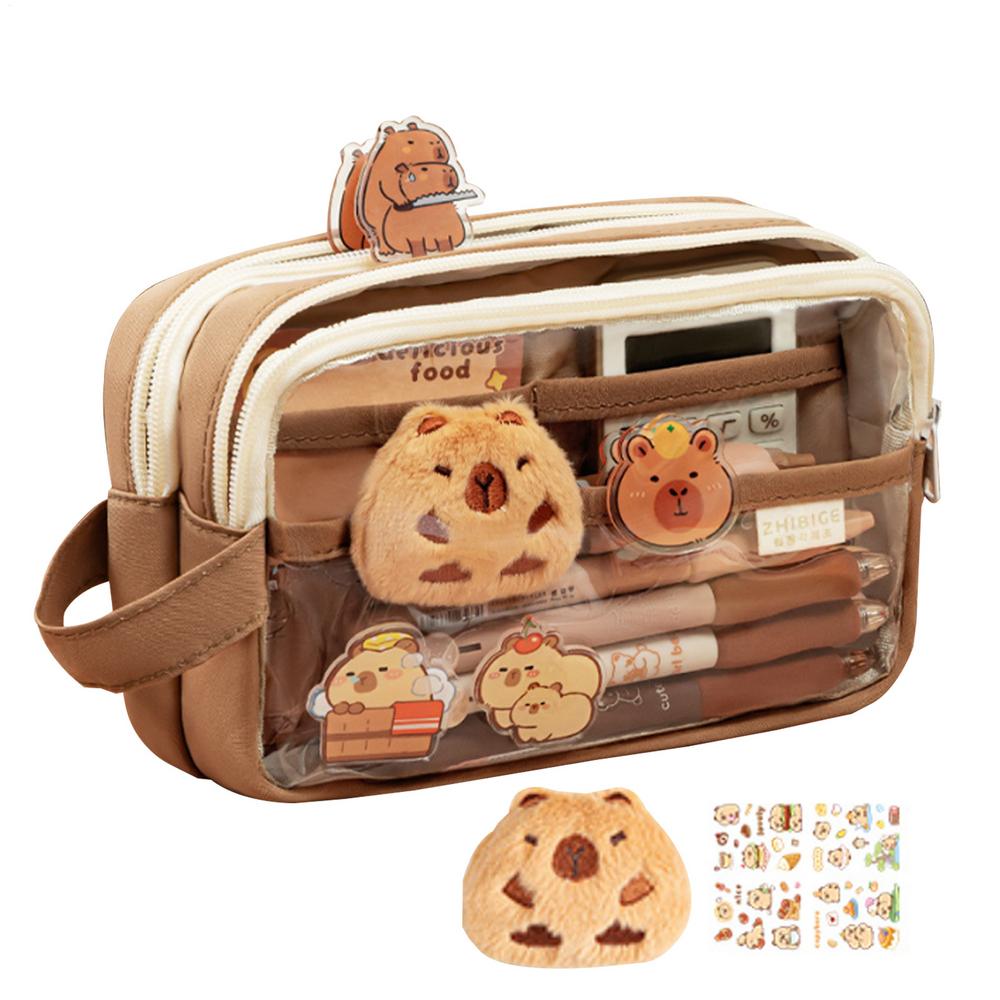 Clear Pencil Pouch With Cute Capybara Plush And Stickers Doll Pencil Pouch Cute Office Stationary Makeup Bag Cute Stationery Bag