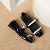 Square Head Flat Heel Mary Jane Shoes Women'S Spring French Retro Bow One-Word Buckle With Light Mouth Single Shoes