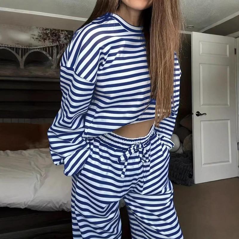 Женский однотонный простой пижамный комплект в полоску, брюки с регулируемой кулиской и контрастный топ с круглым вырезом