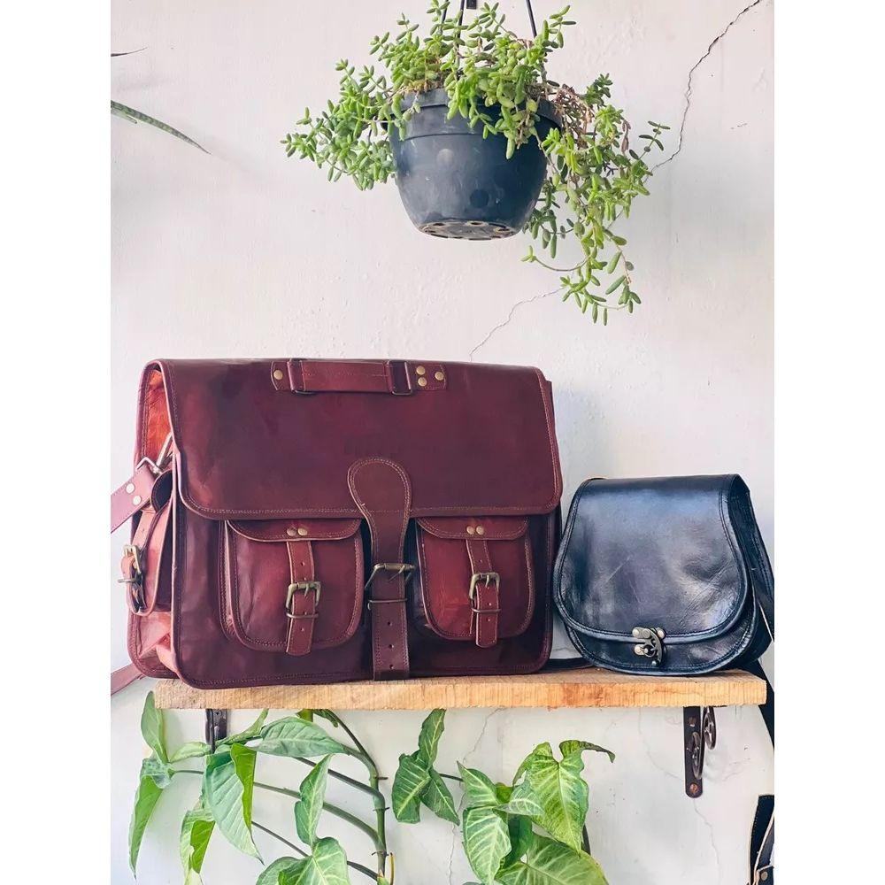 Новая сумка-мессенджер из козьей кожи через плечо, коричневая сумка ручной работы из козьей кожи ( Бесплатная черная сумка-слинг, размер - 9 x 7 x 3 дюйма )