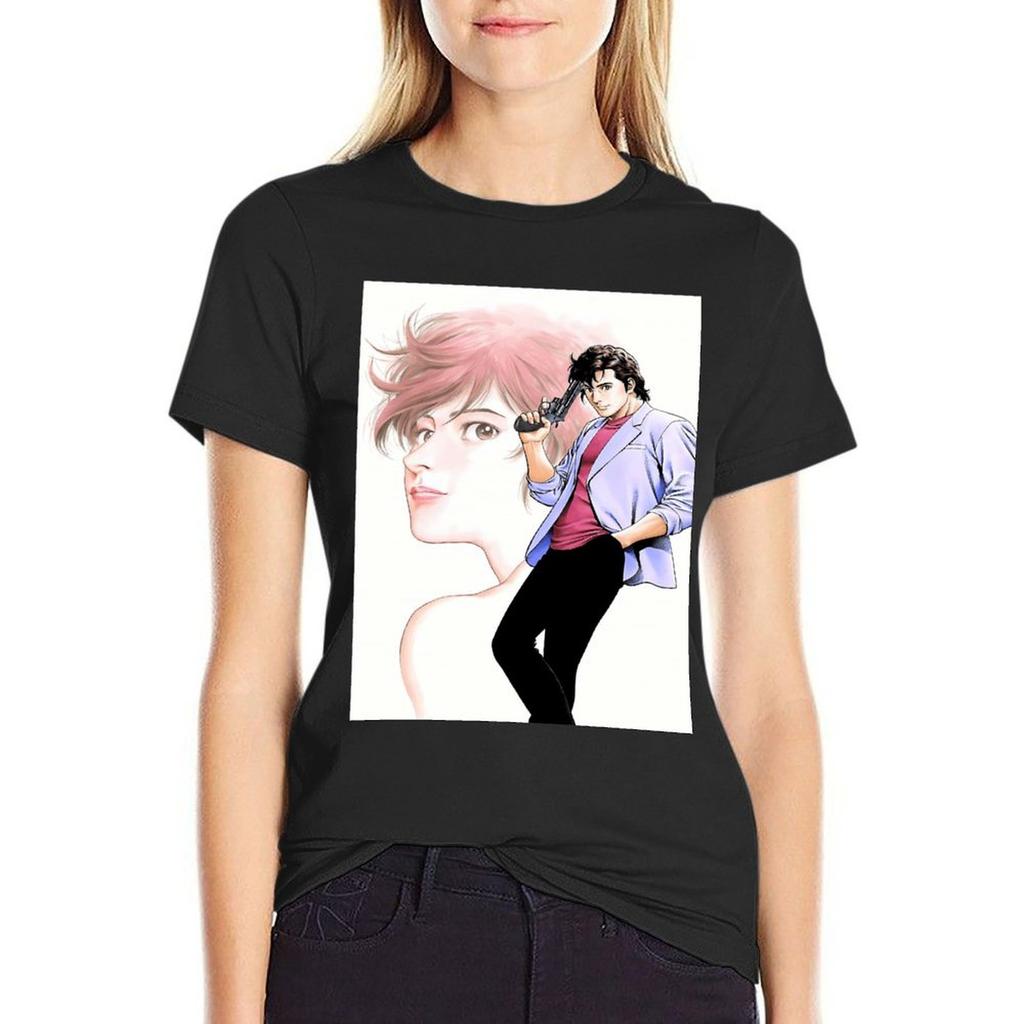 City Hunter (Nicky Larson) - Ryo Saeba & Kaori T-Shirt Kawaii Clothes Summer Tops Korean Fashion Animal Prinfor Women'S Clothing