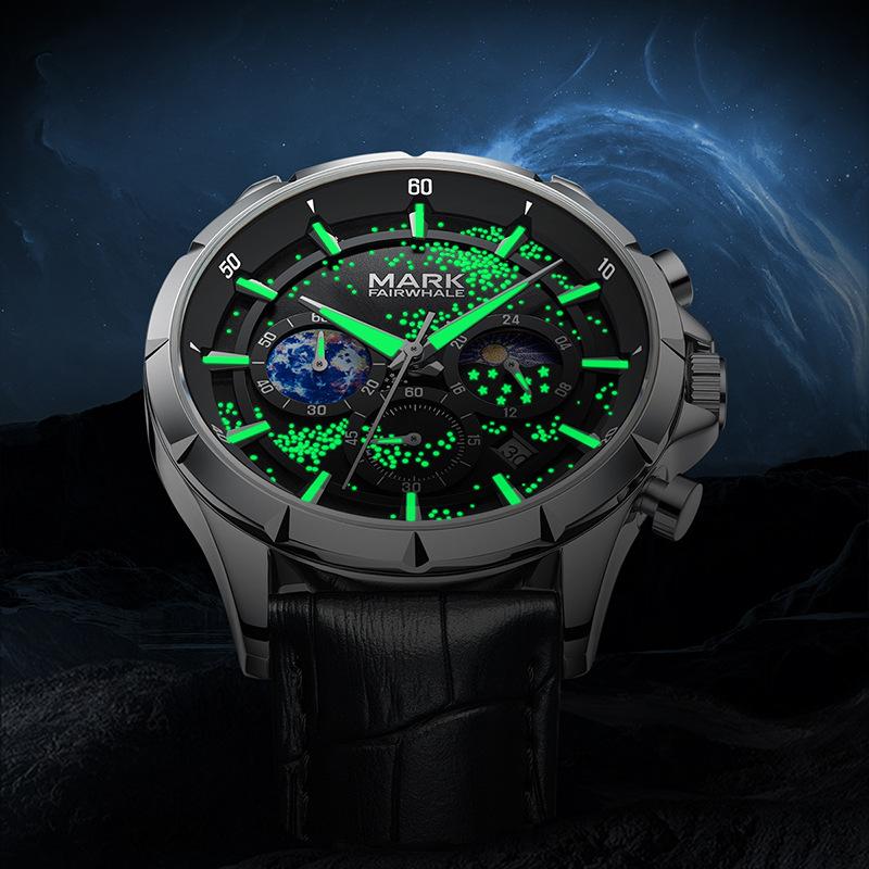 Men's Moon Phase Display Watch with Date Stainless Steel Band Waterproof Chronograph Round Pin Buckle Wristwatch