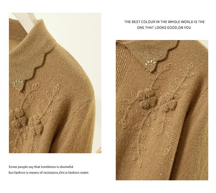 Mom's Spring 100% Pure Wool Lace Collar Hot Drilled Towel Embroidery Chain Embroidery Craftsmanship Woolen Sweater for Women