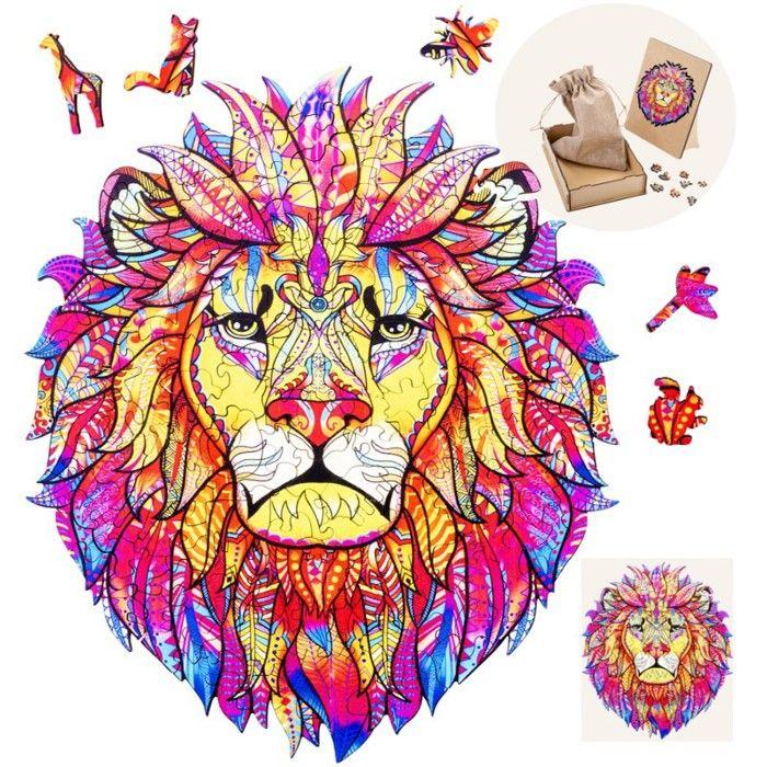 602220 - Puzzle en Bois Animaux : Lion A3 - 218 pcs - Formes uniques - Puzzle Adultes - Boite cadeau - Dès 12 ans.