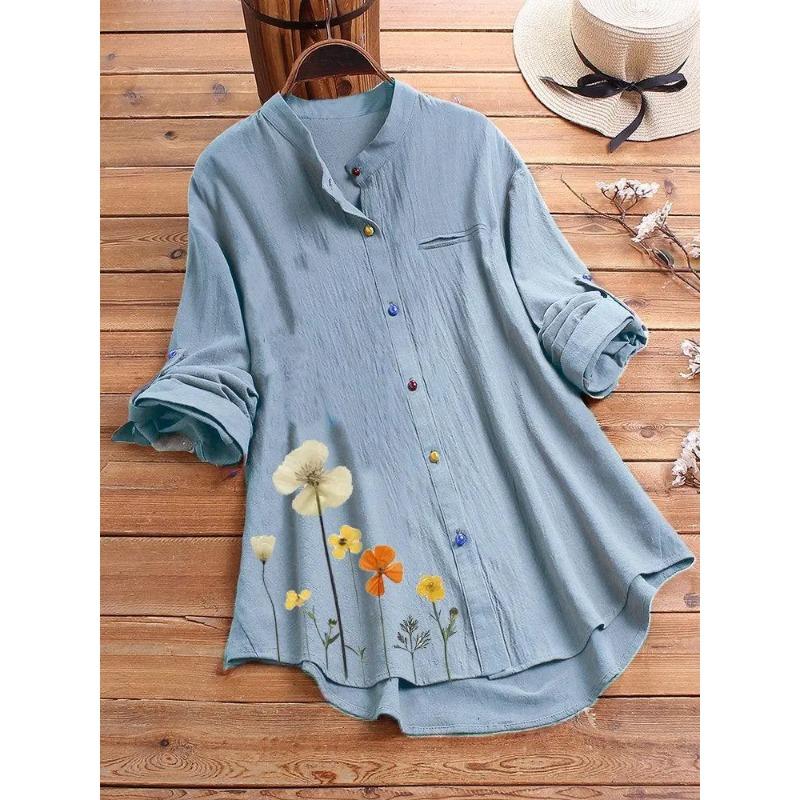 Женская рубашка на пуговицах с круглым вырезом, классическая модная рубашка с длинными рукавами и цветочным узором, офисная рабочая рубашка, блузка