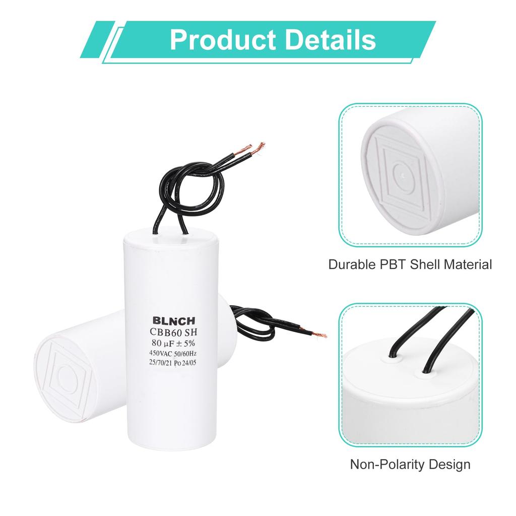 uxcell CBB60 Running Capacitor 80uF 450V 2-Wire Electric Air Compressor Motor Run Start Capacitor