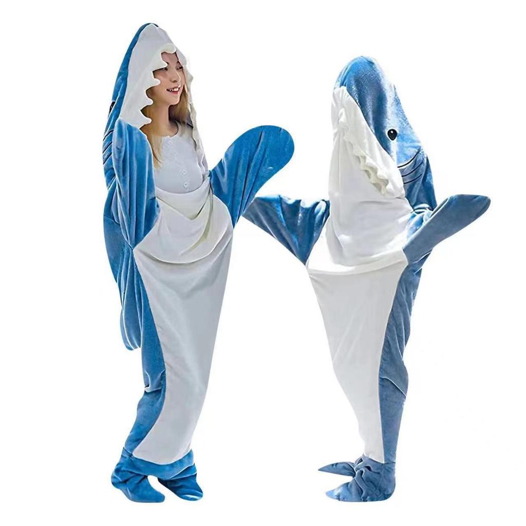 Cartoon Flannel Shark Sleeping Bag Pajamas - One-Piece Home Wear for Autumn and Winter