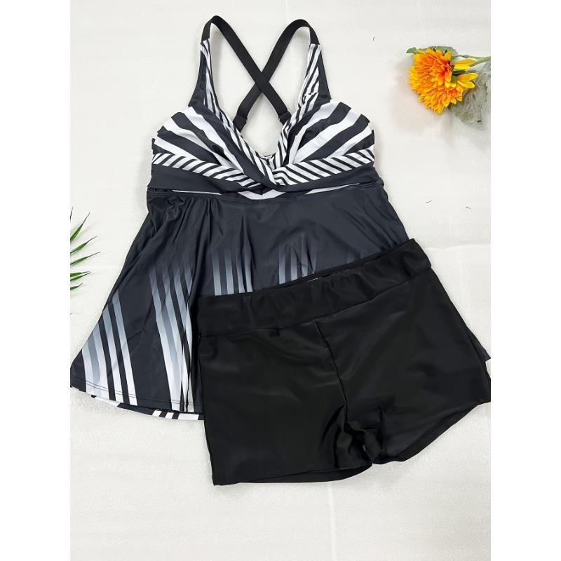 Комплект боди-танкини больших размеров, женский купальник-топ с полосками и шортами, комплект из двух частей