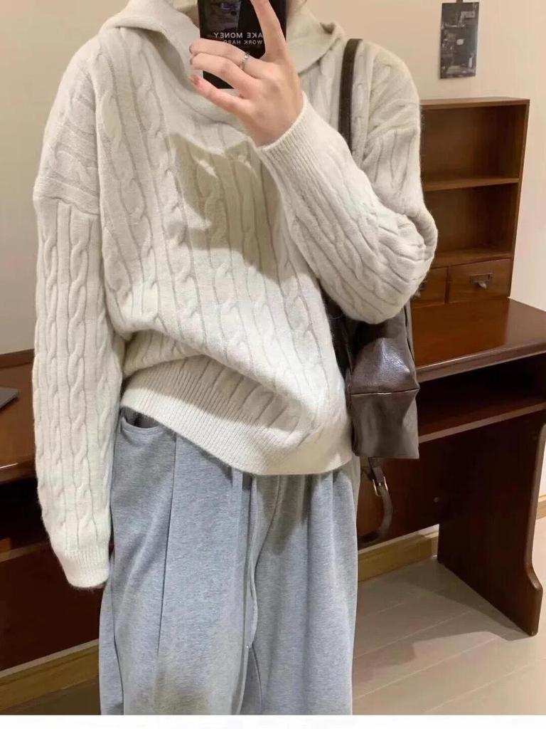 Women's Retro Cable Knit Hooded Sweater: Autumn Winter Loose Soft Pullover