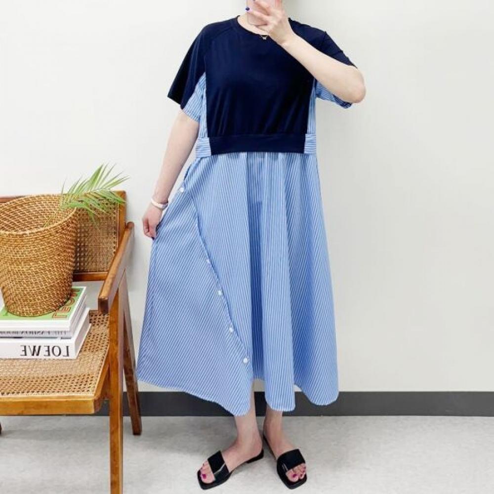 Mizqz Side Button Stripe Colorblock Loose Fit Shirt Long Dress