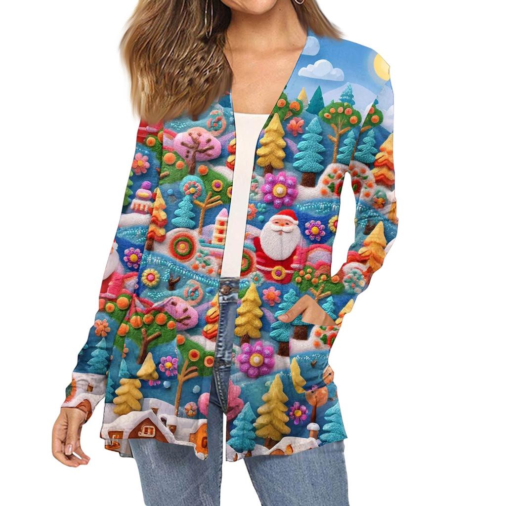 Женский модный кардиган-пальто с длинным рукавом, карманами, приталенного силуэта и рождественским принтом