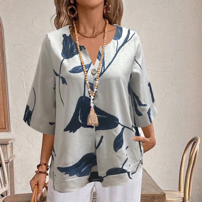European & American Women's Summer V-Neck Printed Pullover Shirt - Casual, Loose, Short-Sleeved Fashion