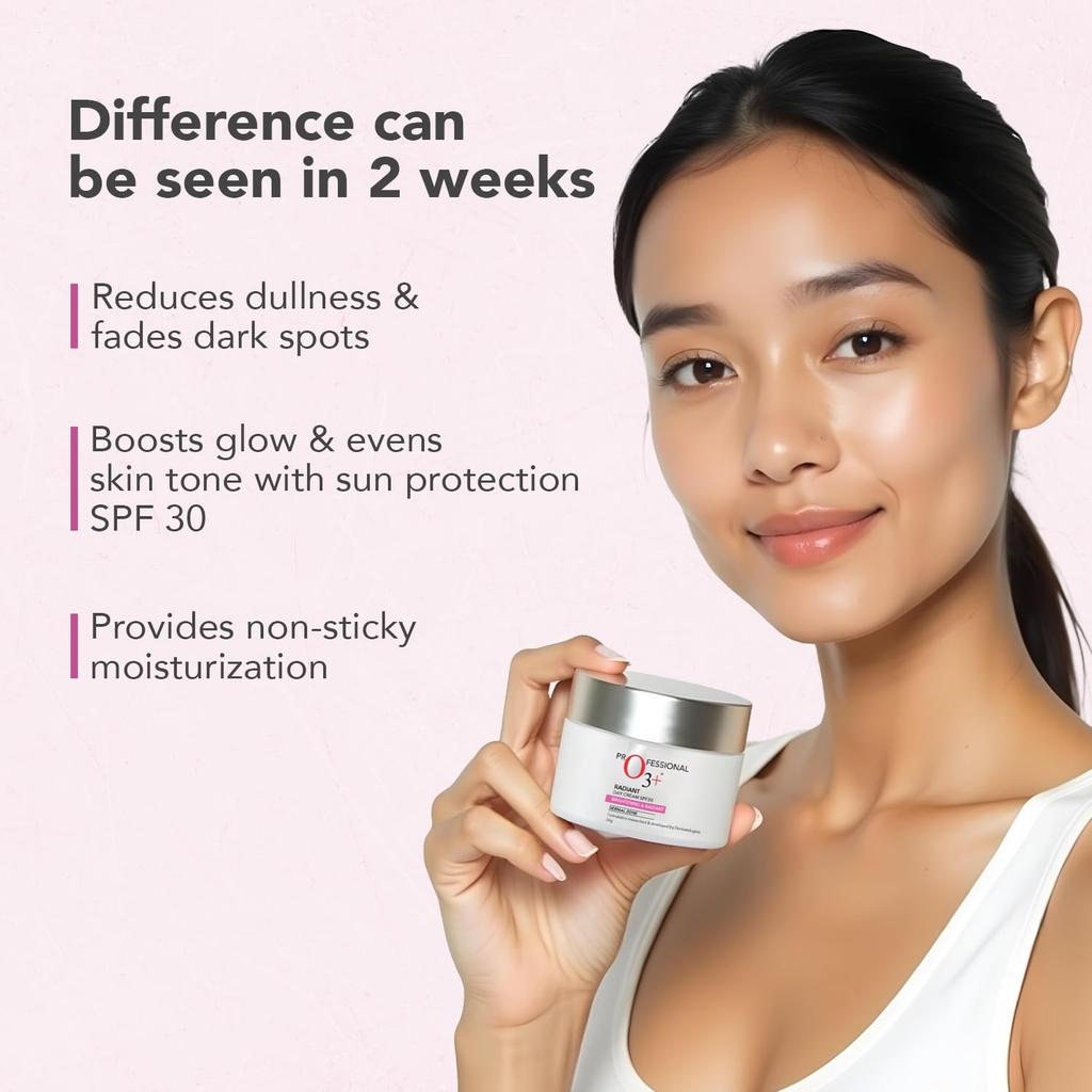 O3+ Radiant Day Cream SPF 30 For Glowing Even Skin Tone Moisturises Protects All Skin Types 50g