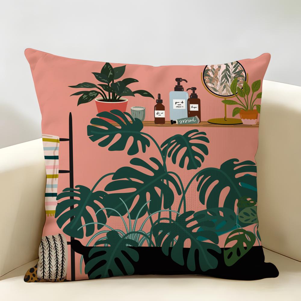 Botanical House Plants Boho Retro Vase Cushion Cover Natural Linen Organic Fabric Double-Sided Printing Breathable Home Decor