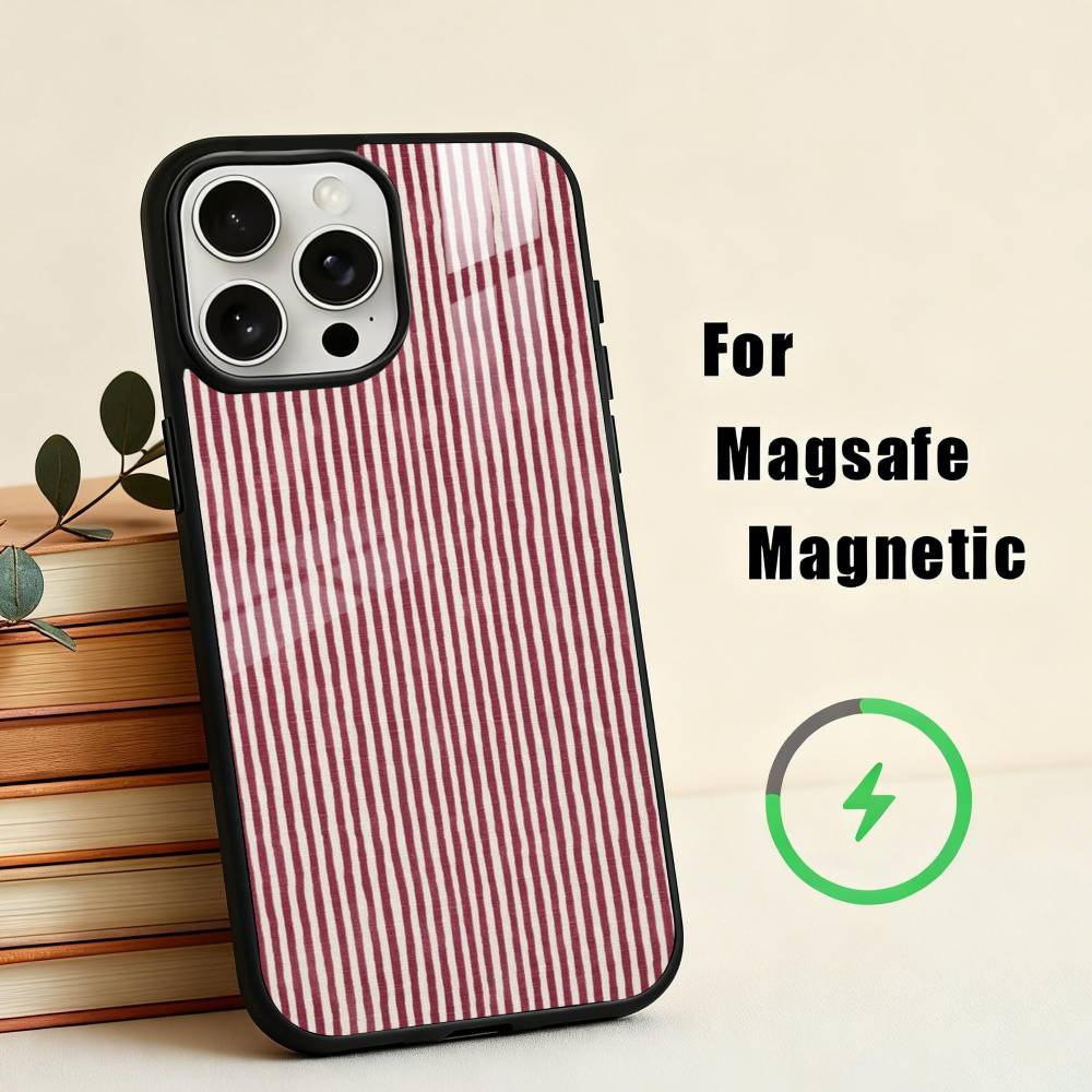 Чехол для телефона B-Бордовый W-Белая полоска для iPhone 17,16,15,14,13,12,Plus,Pro,Max для Magsafe Магнитная беспроводная зарядка