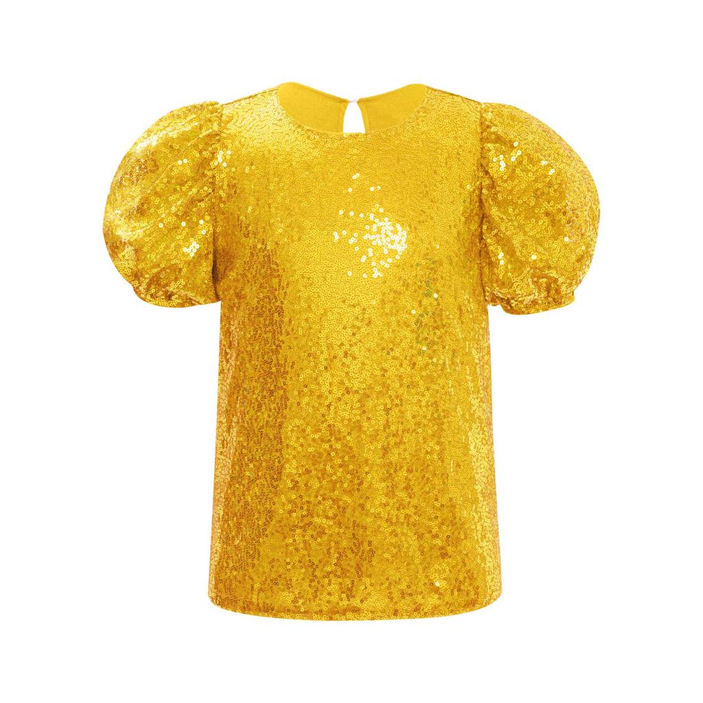 Girls Short Puff Sleeves Shiny Sequins Top Jazz Dance Cheerleading Performance Wear