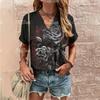 Summer Women Fashion T-shirt Vintage Floral Rose Pattern V-Neck Tops Tees Female Short Sleeve Clothing Ladies Casual Streetwear