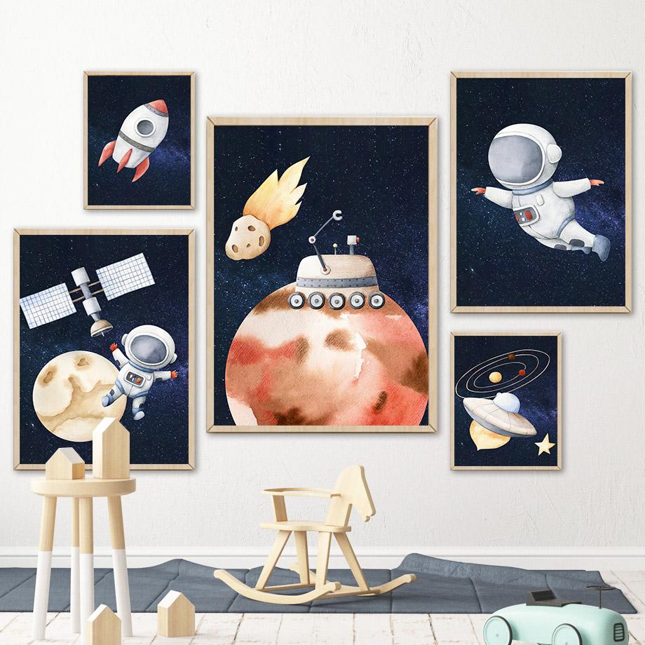 Ракета Астронавт Планета Галактика НЛО Космос Настенная картина на холсте Плакаты на скандинавскую тему и принты настенные панно Декор для детской комнаты