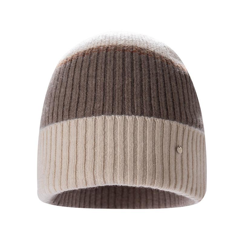 Color matching cashmere wool hat Double-layer flipped brim versatile knitted hat Warm autumn and winter fashion windproof striped hat Women