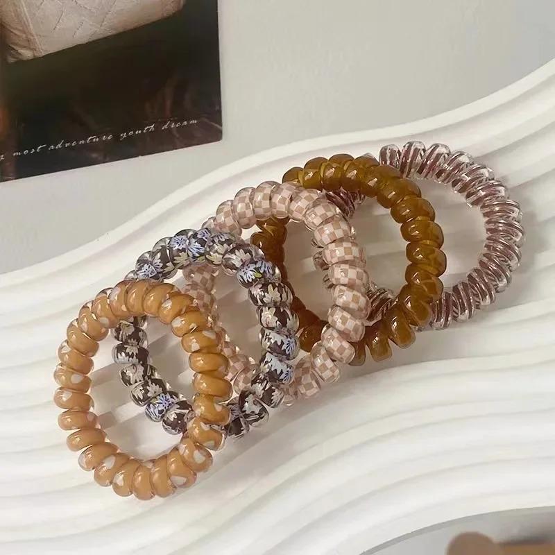 5pcs Set Telephone Cord Scrunchies Spiral Hair Ties Gradient Color Checkered Print Phone Cord Elastic Hair Band Hair Accessories