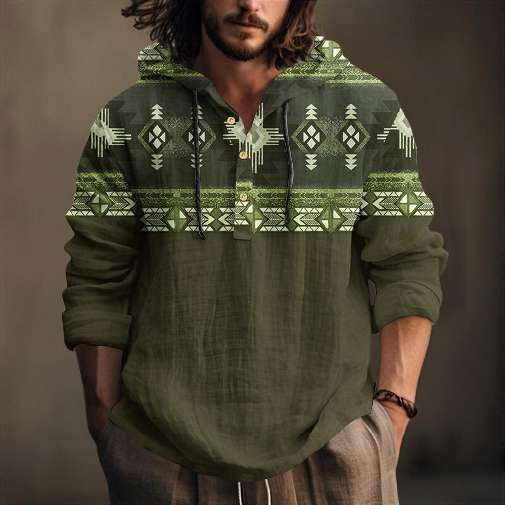 Мужская рубашка с принтом из хлопка и льна с капюшоном, с длинными рукавами, повседневная одежда для весны и лета