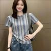 Women's Grey Vertical Vine Floral Print Crew Neck Short Sleeve Casual T-Shirt