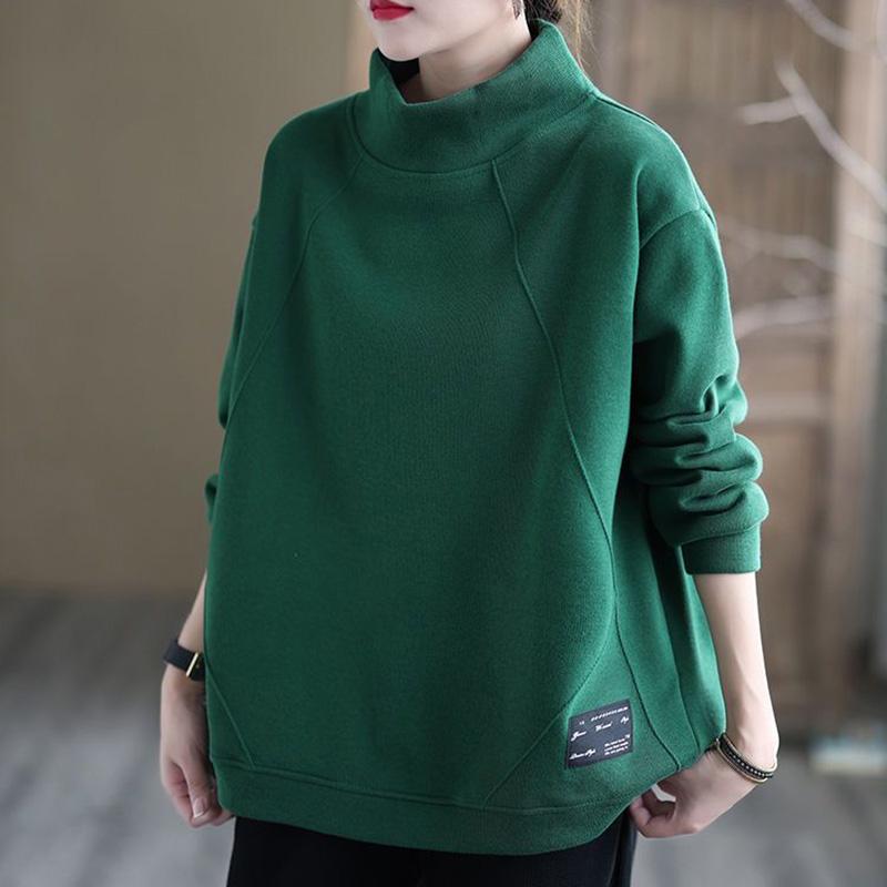 Свитшот для женщин, хлопковая свободная футболка большого размера с длинным рукавом, флисовая утолщенная удобная повседневная кофта с высоким воротом