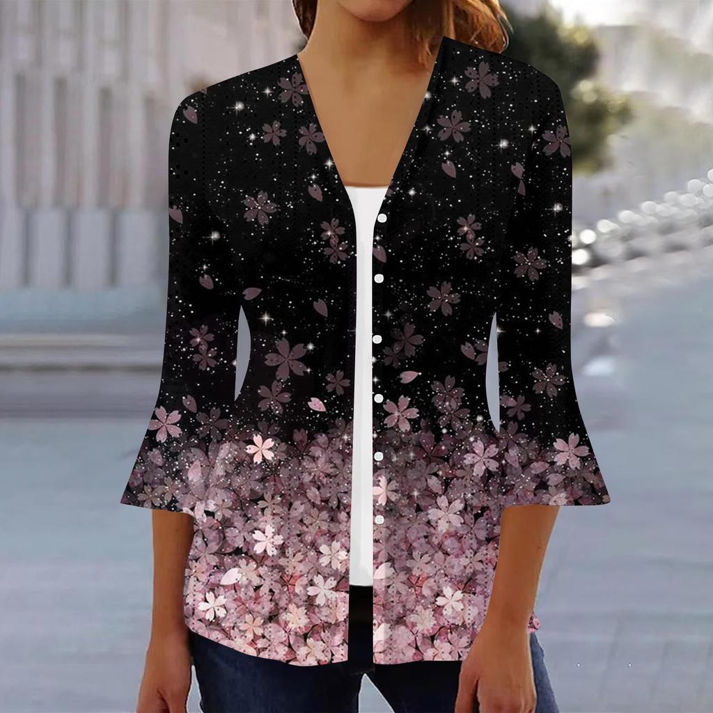 Женская мода свободный повседневный принт с рукавом три четверти рубашка на пуговицах кардиган топ