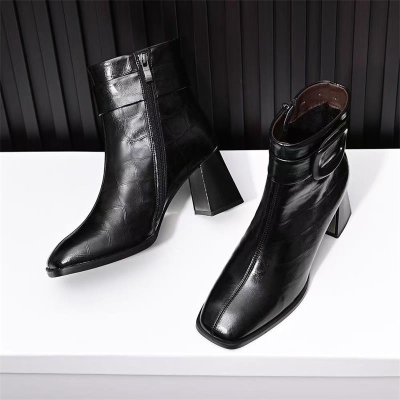 New autumn and winter French retro square head thick heel short boots temperament side zipper fashion boots