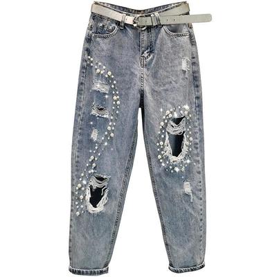 Летняя женская мода рваные джинсы новые свободные джинсы с высокой талией бусины стразы шаровары женские уличные дырки джинсовые брюки