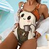 Women Plus Size Scoop Neck Wide Straps One Piece High Cut Swimsuit Halloween Cartoon Animal Pumpkin Printed