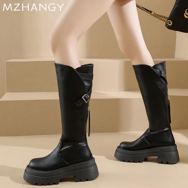 Модные женские кожаные ботинки на массивной высокой подошве до колена, ботильоны на среднем каблуке, женская обувь, тренд 2025, зимняя мода, дизайнерские мотоциклетные ботинки, Mujer Botas