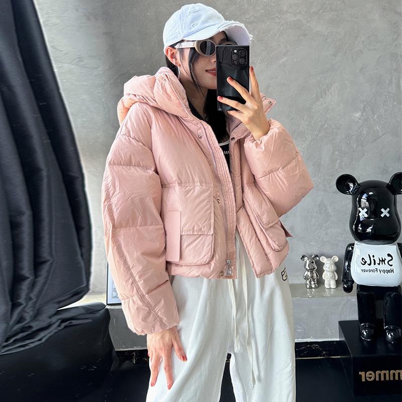 Модная короткая куртка-пуховик с капюшоном, женская зимняя новая утолщенная белая кожаная стандартная теплая куртка из утиного пуха