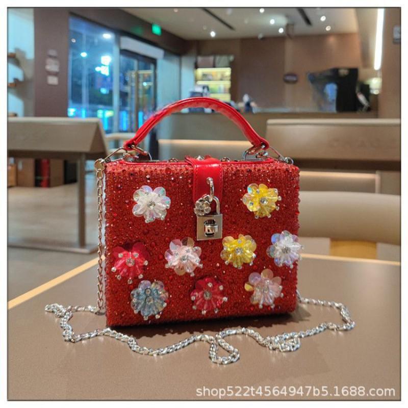 Luxury Genuine Leather Small Square Bag Rhinestone Decor Vintage Clip Single Shoulder Handbag Women