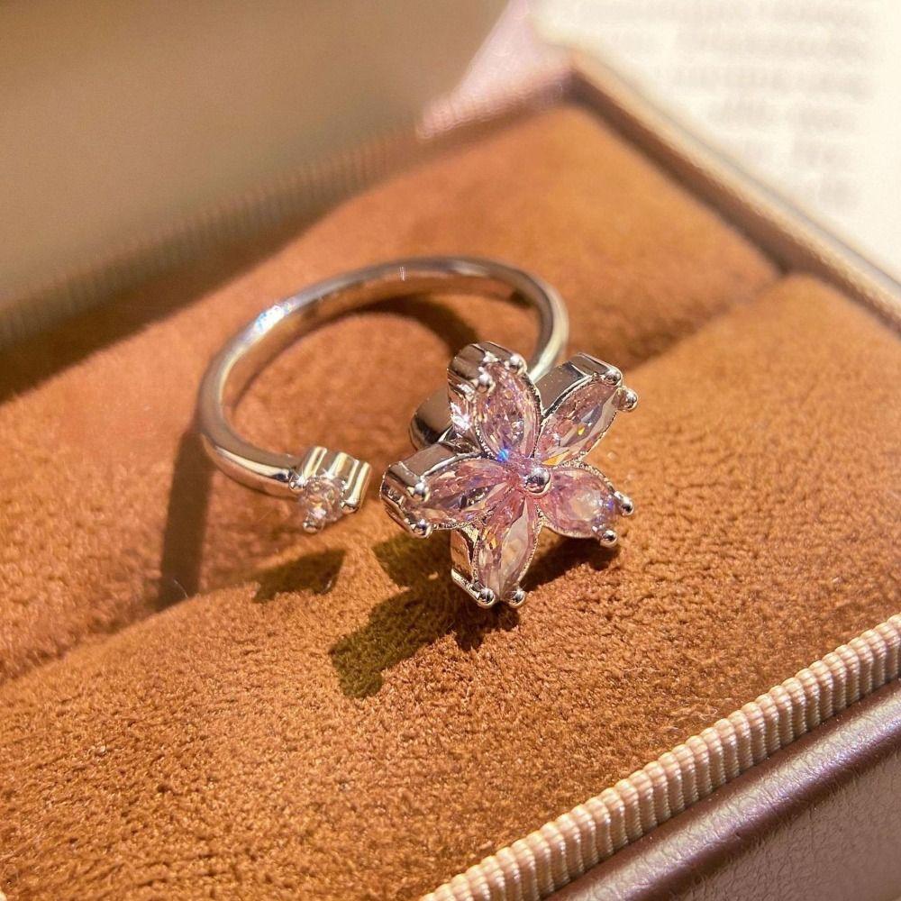 Rotating Design Rotating Ring Female Ring Pink Zircon Ring Cherry Blossom Ring  Stress Relief