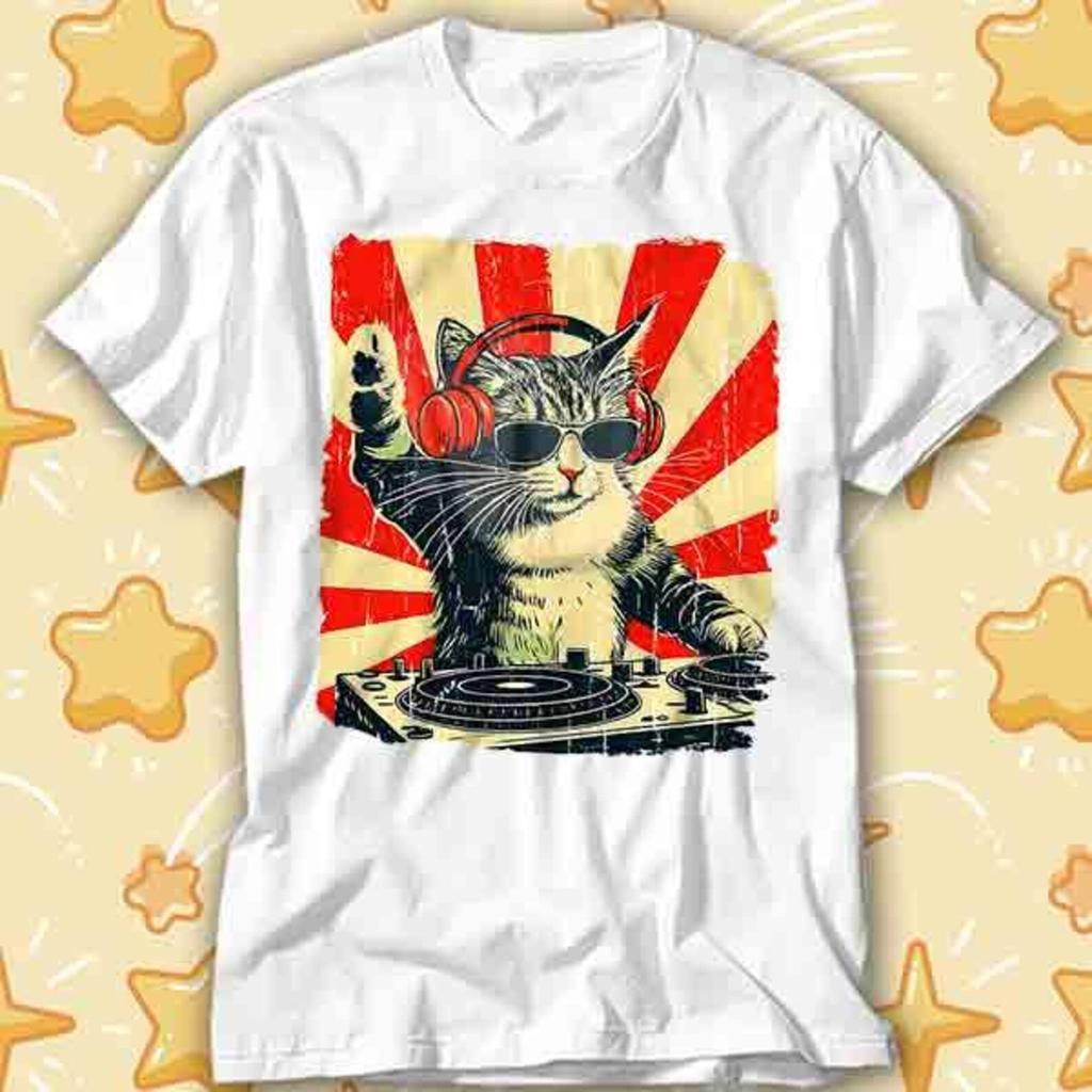 Футболка DJ Cat Черный Кот Вечеринка Клубный Кот Китти В Наушниках 436