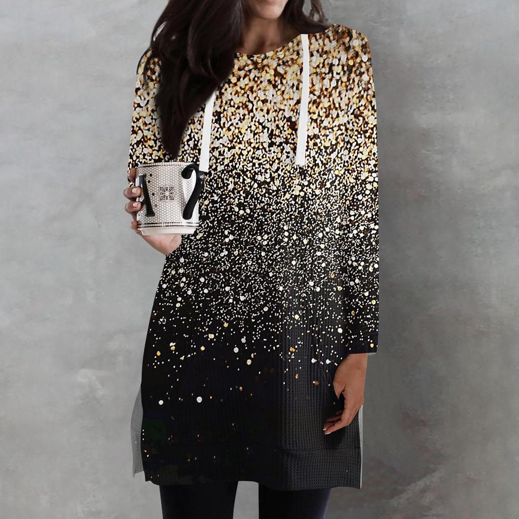 Женские свободные рубашки с принтом, длинные рукава, толстовки с завязками, трикотажные туники с боковыми разрезами, топы с капюшоном и карманом