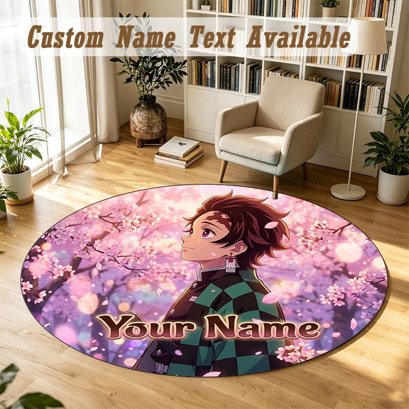 Round Rug Custom NameDemon Slayer Pattern Non Slip Carpet Home Floor Decor