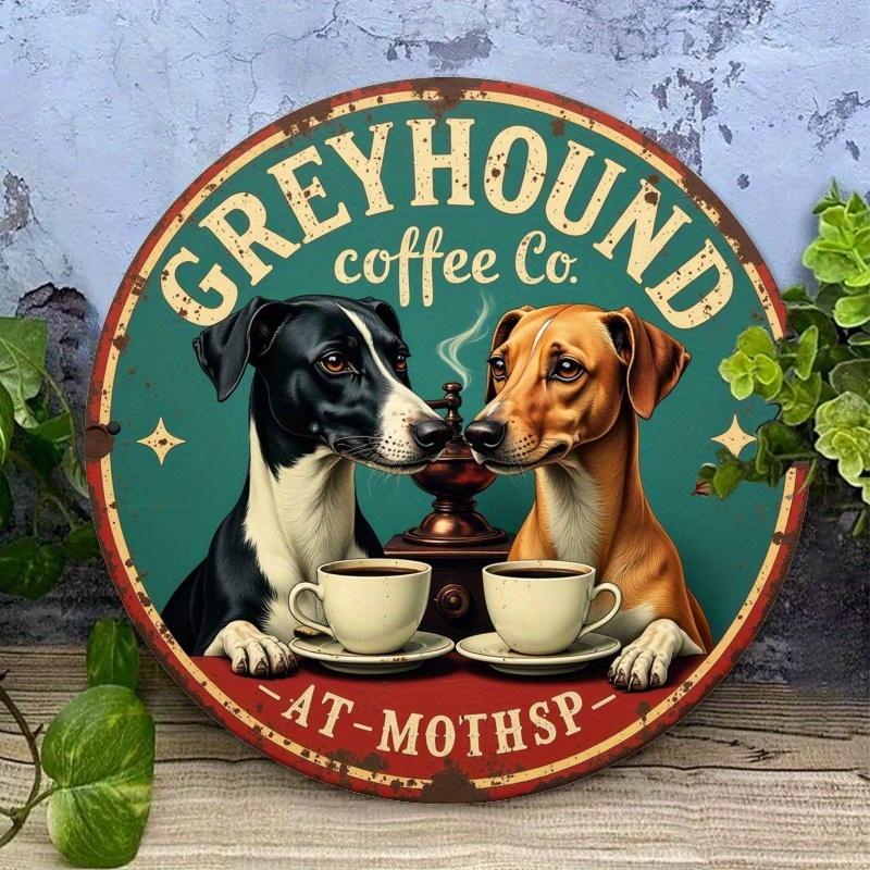 2d Плоский 20*20см, Ретро Круглый Деревянный Логотип Кофейной Компании Greyhound, Ретро Настенное Украшение с Дизайном Собаки и Кофе, Рустикальный Синий Фон