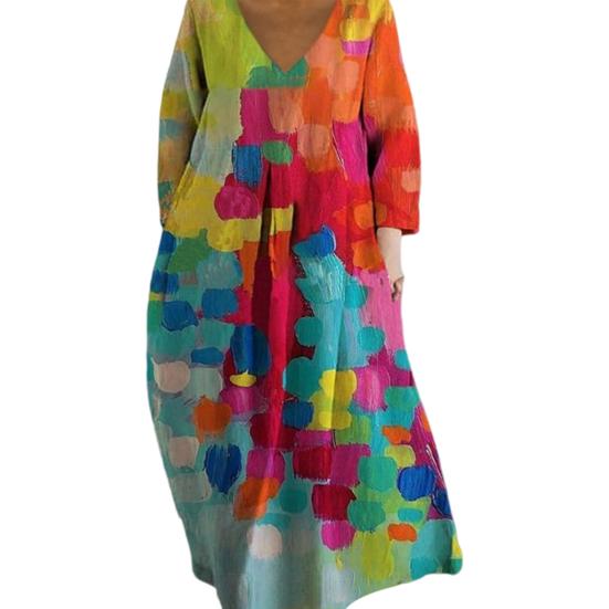 Женское летнее платье с длинными рукавами и круглым вырезом с принтом маслом Яркий цвет Глубокий V-образный вырез Свободное платье для отпуска Пляжное платье макси Ежедневное длинное платье