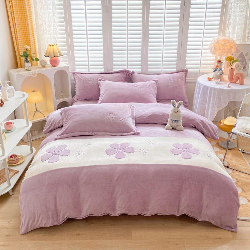 Four-piece Set of Embroidered Thickened Thermal Fleece Quilt Cover Sheets and Bedding