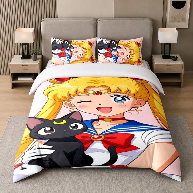 3Pcs Bed Set,Sailor Moon 1 Duvet Cover and 2 Pillowcases, Printed Bedding Decor For Guest Room