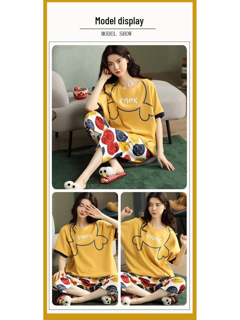 Женский летний пижамный комплект - Круглый вырез, Короткий рукав, Брюки длиной семь восьмых, Удобный повседневный костюм-двойка