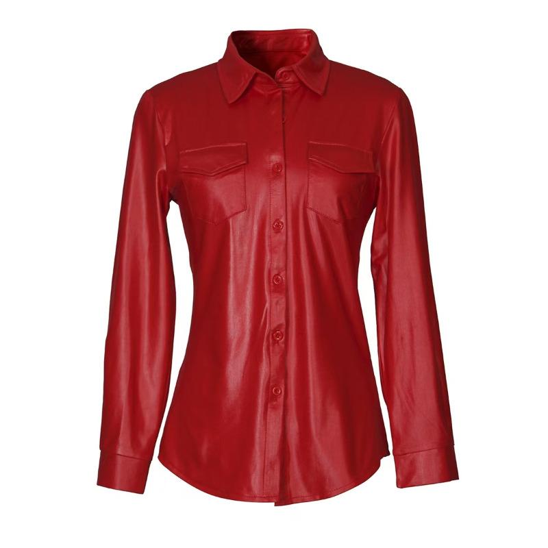 Women's Casual Short Long Sleeve Blazer with Breast Pocket Buttons Faux PU Leather Shirt Jacket