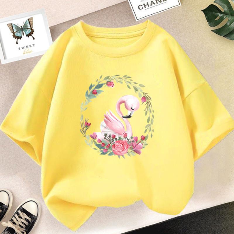 Летняя милая детская футболка с рисунком фламинго и графическим принтом, топы Kawaii для девочек, модная дизайнерская одежда