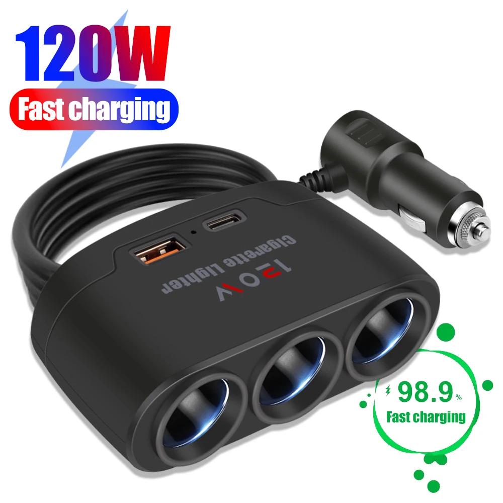 7in1 Cigarette Adapter Charger 12V/24V 4-Socket Car Cigarette Lighter Adapter 120W 3.1A USB+QC3.0+PD3.1A Car Charger Accessories